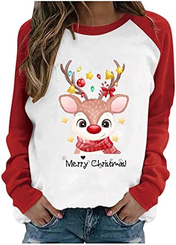 Грд Божиќен џемпер за жени со долги ракави, џемпери на екипаж, предводени светло црвени носени елки Божиќни слатки маички врвови на маици