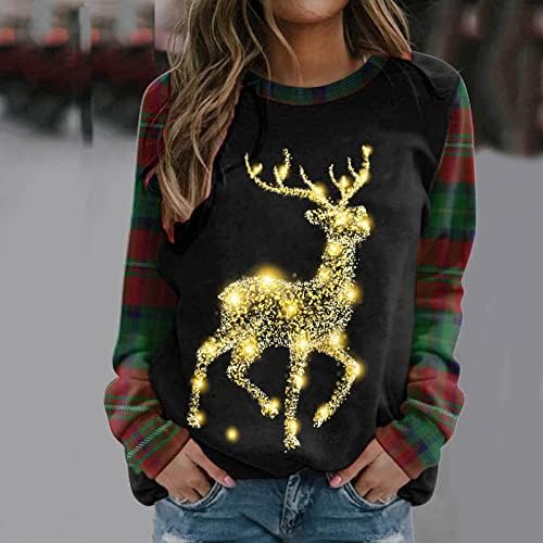 Божиќна маичка со долг ракав за жени Симпатична ирваси пуловер врвна сјај Божиќно дрво елк карирана екипаж Туника кошула