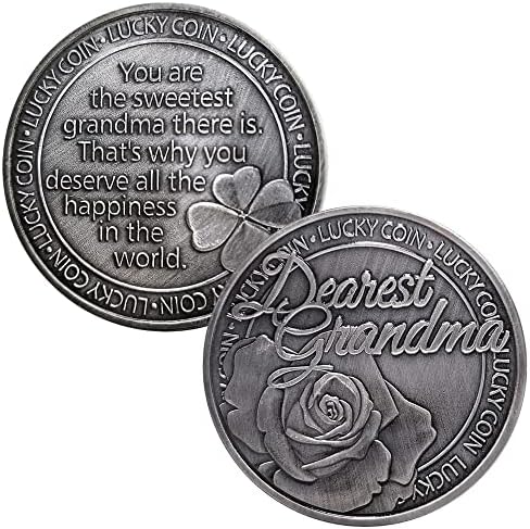 Античка сребрена среќна паричка со цветање роза и детелина со четири лисја за најмила баба