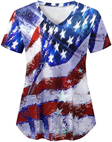 4 -ти јули кошули за жени во САД знамето лето кратки ракави против вратот со 2 џебови блузи одморен случајна работна облека