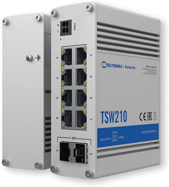 Teltonika TSW210000000 Неправилен индустриски прекинувач, солиден алуминиумски домување, 2 x SFP порти за фиберкоптична комуникација со долг