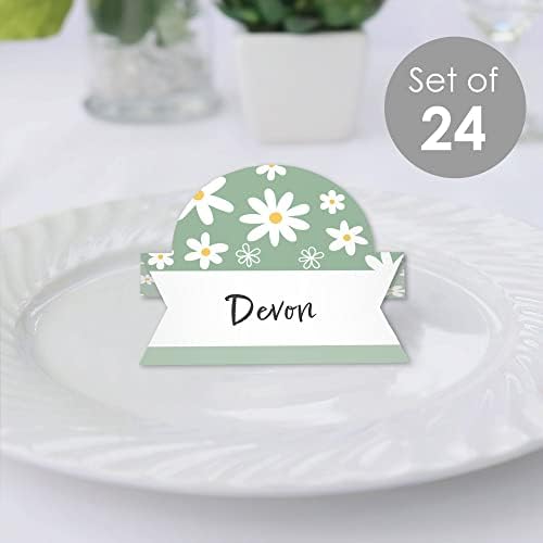 Голема точка на среќа мудрец зелени цвеќиња на маргаритки - картичка за тофети за цветни забави - табела за поставување картички