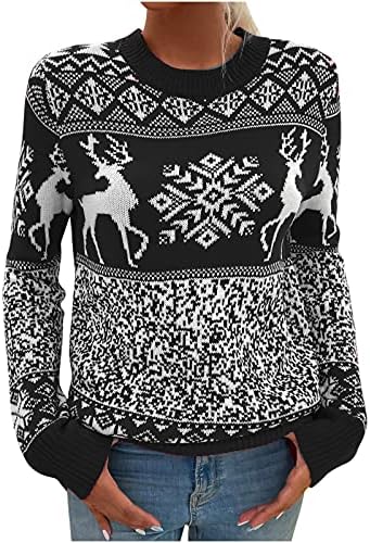 Трикотажа за женски џемпер фустан Божиќ печатено класичен долг ракав преголем вафли плетен пулвер туничен врвови