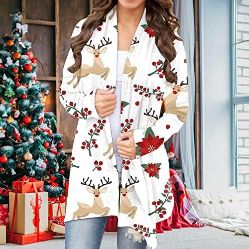 Моден кардиган за жени Божиќно печатење есен отворен предниот дел од кардиган, лесен џемпер од лесен кардиган