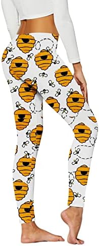 Среќна пчела Денот тренинг Јога хеланки за жени хеланки со високи половини, цветни слатки пчели меки четкани еластични панталони за тренингот