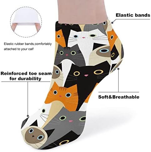 Слатки многу мачки смешни трчаат чорапи за глуждот атлетски не-шоу чорапи, амортизирани за мажи жени