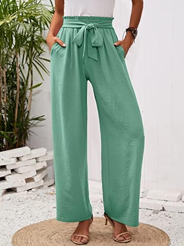 Heymoments женски широки панталони за нозе со џебови со лесни високи половини прилагодливи врзани јазли лабави панталони
