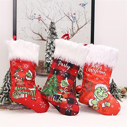 Божиќни чорапи на Аетиг 3 пакувања, кадифен Божиќен зелена елф Персонализирани Божиќни чорапи, скалило камин што виси Божиќен декор