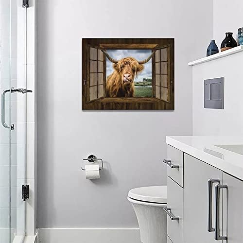 Фарма куќа Хајленд крава wallид уметност рустикална смешна западна крава слики wallид декор, земја сликарство платно печатење врамени домашни уметнички дела за дневн?
