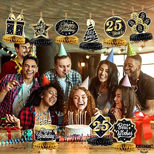 Големи, 25 -ти роденденски центар за саќе - 40 инчи, злато 25 балон број | Декорации на 25 -та роденденска маса | Црно и злато на