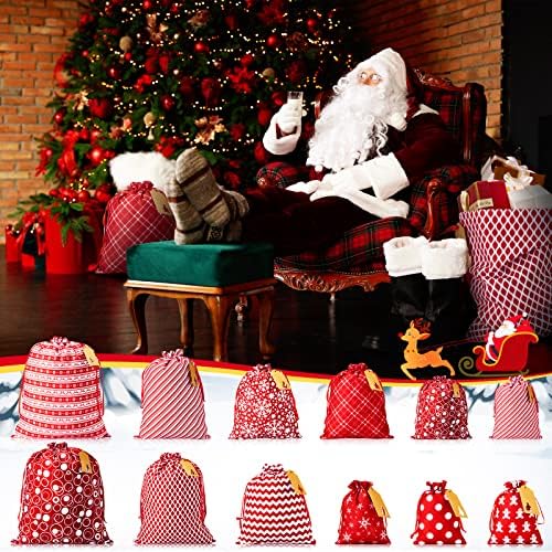 12 Парчиња Торби За Подароци Од Божиќна Ткаенина Со Врвка за Влечење, Црвени И Бели Божиќни Торби За Подароци За Ткаенини За Повеќекратна