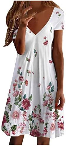 Фустани за плажа за жени, рес за жени Симпатична цветна кратка ракав против вратот лежерен лабав фит фустан од плажа Мини фустан маица