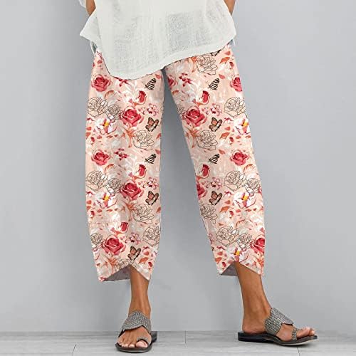 2023 памучни панталони со постелнина, обични широки нозе лабави се вклопуваат цветни печатени јога каприс удобни модни исечени панталони