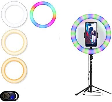 Anygou 10 RGB 14 Боја и 40 Режими Selfie Прстен Светлина со Статив Штанд &засилувач; Држач За Телефон, Затемнета Предводена Убавина Ринглајт За Шминка/Пренос Во Живо/Tiktok/YouTube Ви