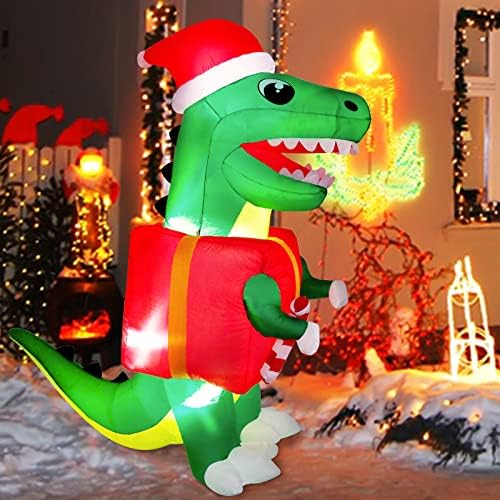 Aerwo 6ft Божиќни надувувања Диносаурус на отворено украси, Божиќ диносаурус разнесе дворни украси со вградени LED диоди за затворен отворен