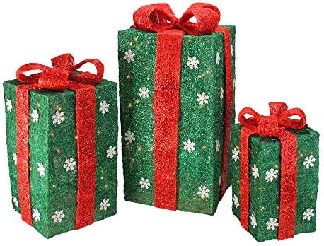 Сет на Северна светлина од 3 пред-осветлени зелени и црвени кутии за подароци Божиќно отворено декор 18 “