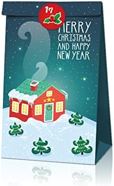 12 Спакувајте Божиќна Хартиена Чанта За Забава Омажете Се За Божиќна Тема Торби За Подароци со 18 Налепници Снешко Елен Божиќна Куќа