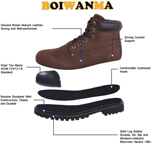 Безбедносни чизми за Boiwanma за мажи, чизми за работа со челични пети, 6 кожни градежни индустриски чизми, не лизгачки гумени