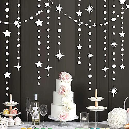 Декорации со бела забава starвездени кружни точки хартија гарланд банер за пробивање на сјај, виси декорација