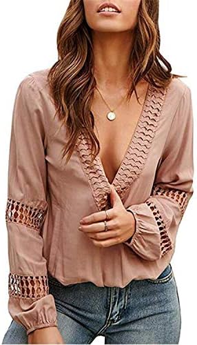Andongnywell женски цврста боја чипка капчиња против вратот со долги ракави блузи, обични кошули врвови, шупнат кошула