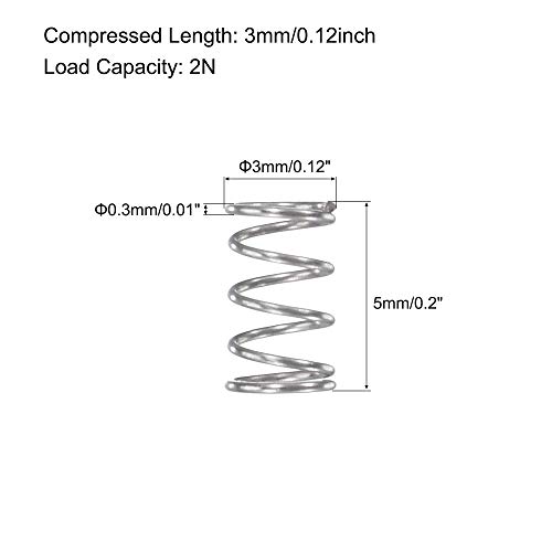 Uxcell Compression Spring, 304 не'рѓосувачки челик, 3мм OD, големина на жица од 0,3 мм, компресирана должина од 5 мм, бесплатна