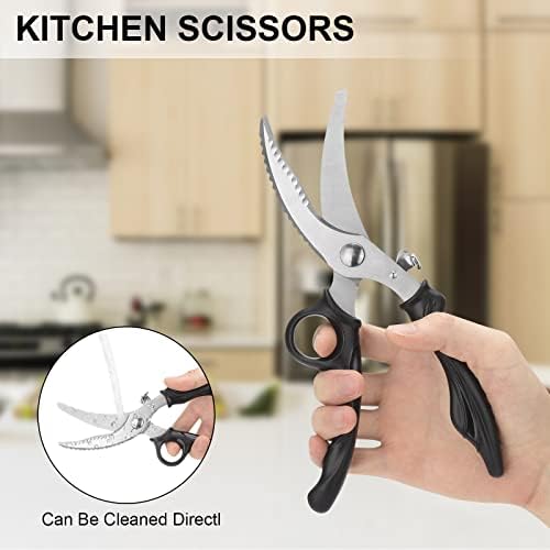 Кујнски ножици за кујни - пролетни натоварени ножици за живина со безбедносно заклучување, мултифункционални не'рѓосувачки челик остри