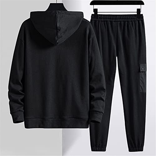 Есенски мулти-џебови плус големина на тренерки мажи улична облека црна сива пулвер качулка+панталони 2 парчиња сет мажи спортски костуми