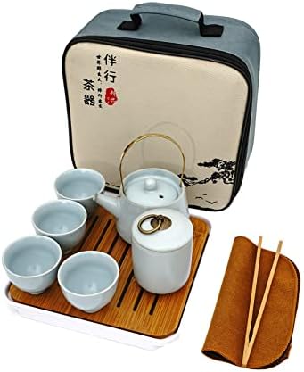 Chanjoon juego de té chino portátil de viaje, juego de té para ordualos, juego combinado de cerámica y bambú con capsidad para 4 persons.