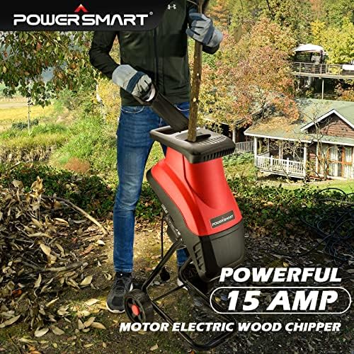 Powersmart Corded Dood Chipper, 15-Amp Electric Garden Chipper со копче за заклучување на безбедноста, торба за собирање