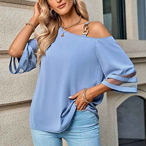 Нова блуза за жени со една рамо на рамената култура со цврста боја маица шифон Основен едноставен трендовски удобен мета врв