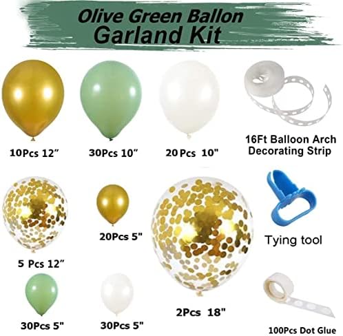 Окака 150 парчиња Маслинесто Зелен Балон Венец Лак Комплет, Златни Конфети Балони Мудрец Зелен Балон и Златни Метални Хромирани Балони