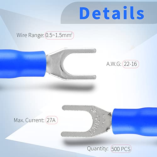 Bokwin SV1.25-4S 22-16awg Сина изолирана вилушка за вилушка конектор за електрична енергија за електрична енергија 500 парчиња