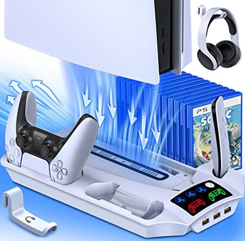 KICKDOT PS5 Стојат со 4 Прилагодливи Вентилатор За Ладење, Двојна БРЗО PS5 Контролер Станица За Полнење со 3 USB Центри, Вграден Во 13 ИГРА СКЛАДИРАЊЕ
