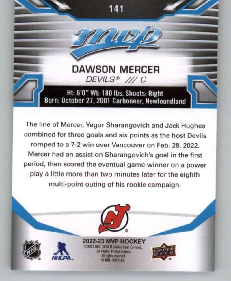 2022-23 Горна палуба MVP 141 Dawson Mercer New Jersey Devils NHL Hockey Trading Card