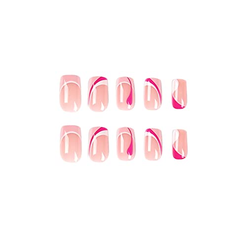 24 парчиња француски Розово Бел Лажен Нокт Целосен Капак Квадрат Кратко Притискање На Ноктите Со Лепак За Жени И Девојки Декорација За