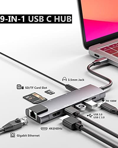 USB C Центар 9 во 1 Мултипорт Адаптер w/Gigabit Ethernet, 100W PD, 4K@60Hz, 2 USB 3.0, USB C 3.0 Податоци, Sd/TF Читач На Картички, 3.5 mm