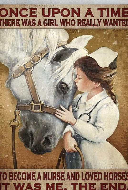 Медицинска сестра и коњ Еднаш, имаше девојче кое навистина сакаше да стане медицинска сестра и сакана коњ, 12 * 8 инчи гроздобер смешен постер