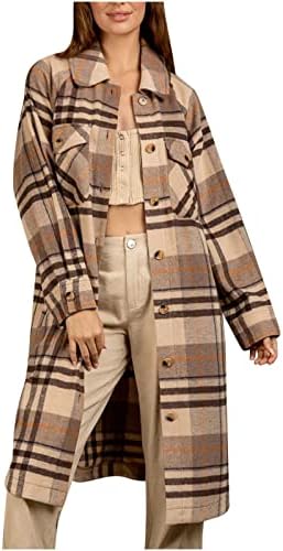Женски ровови јакни 2022 модно карирано палто копче за џеб надолу со долги ракави со долги ракави Миди Паркис кардиган палто