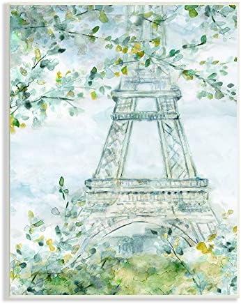СТУПЕЛ ИНДУСТРИИ Акварел Ајфелова кула сликање мека зелена лисја wallидна плоча, 10 x 15