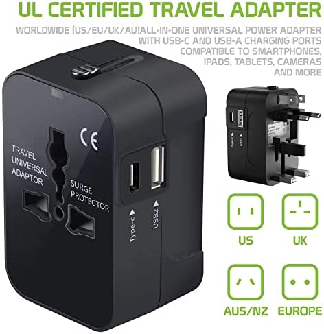 Travel USB Plus Меѓународен адаптер за напојување компатибилен со Gionee M7 Power за светска моќ за 3 уреди USB Typec, USB-A за патување