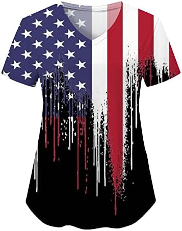 Кошули за 4 јули за жени во САД знаме лето кратка ракав против вратот маичка со 2 џебови блуза врвна празнична работна облека