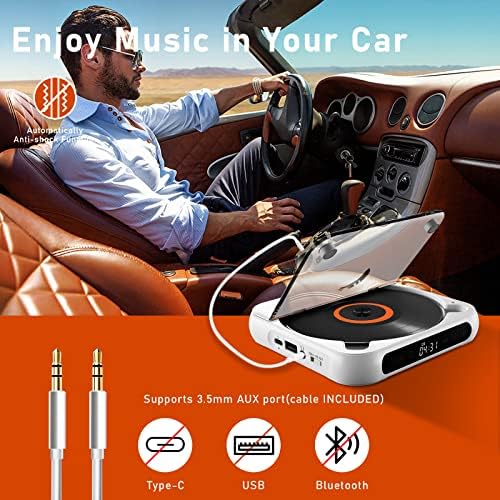 Micocious Portable CD плеер, лични ЦД-плеери со Bluetooth за Car & Travel, мал ЦД плеер со слушалки, LCD екран на допир и анти-скијач/шокпој