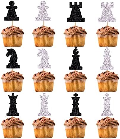 Biabisd 12 компјутери Nternational Chess Syluettes Dessert Cupcake Toppers Chess Chessубител на шахот Шах плеер Среќен роденден