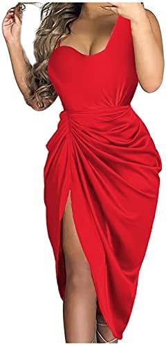 ТРЕБИН Женска Еднобојна Секси Шлиц Со Светки Макси Чаден Вечерен Фустан Со Едно Рамо