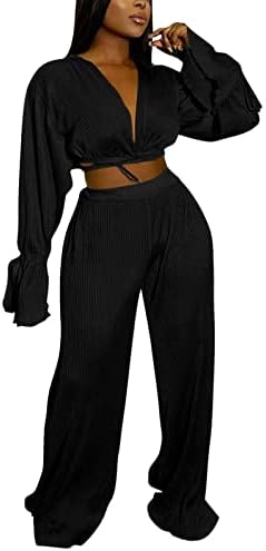 Екалијски женски 2 парчиња обични облечени облеки со кратки ракави со кратки ракави надолу кошула со висока половината со широки панталони за нозе