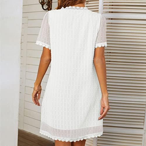 uikmnh дами v-врат летен краток ракав мини фустан директно опуштено вклопување цврсти маички фустани чипка шифон фустан