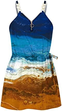 Lutенски летни фустани Цветни печати фустан од плажа V вратот без ракави шпагети каиш сундерс обичен патент мини фустан