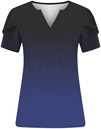 Плус големина на врвови за жени со ливчиња со цврста боја маички летни фустани случајни кратки ракави V вратот пулвер