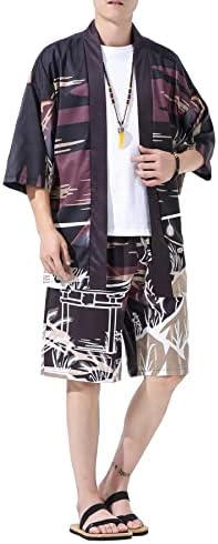 Prijouhe машки јапонски стил кимоно врвови панталони поставува лесни обични седум ракави отворени предни кардиган и шорцеви