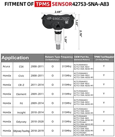 SEINECA 4-Pack 315MHz Сензор за мониторинг на притисок на гумите TPMS 42753-SNA-A830-M1 компатибилен со Acura CSX Honda Civic Insight